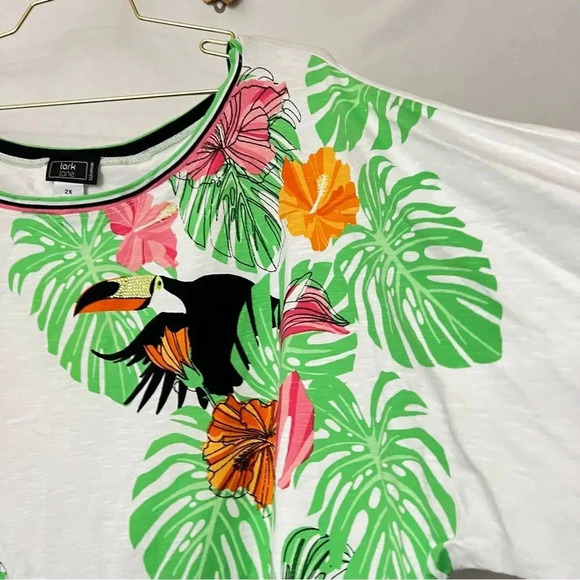 Lark Lane Woman 2X Hawaiian Floral Blouse Top 3/4 Sleeve Cotton Blend Toucan - Picture 5 of 9